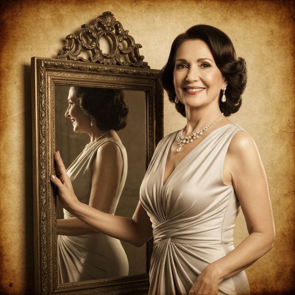 Елегантна зрелива жена с красиво лице, винтидж огледало в позадина